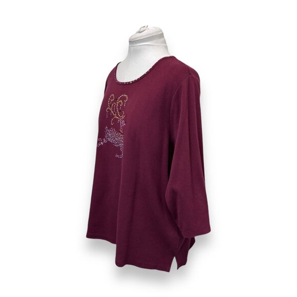 Quacker Factory Women’s Holiday Reindeer Top With Rhinestones Burgundy Wine 2X - Picture 4 of 10